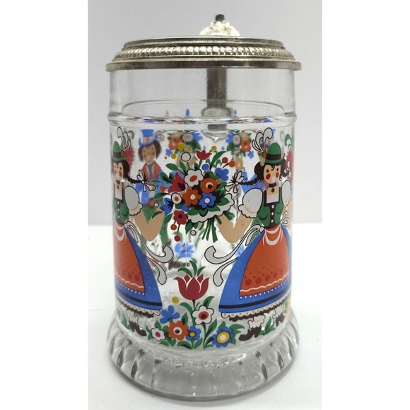 West Germany Beer Stein Glass w Pewter Lid‎ German Folk Dancing Couple Hearts - Picture 4 of 11